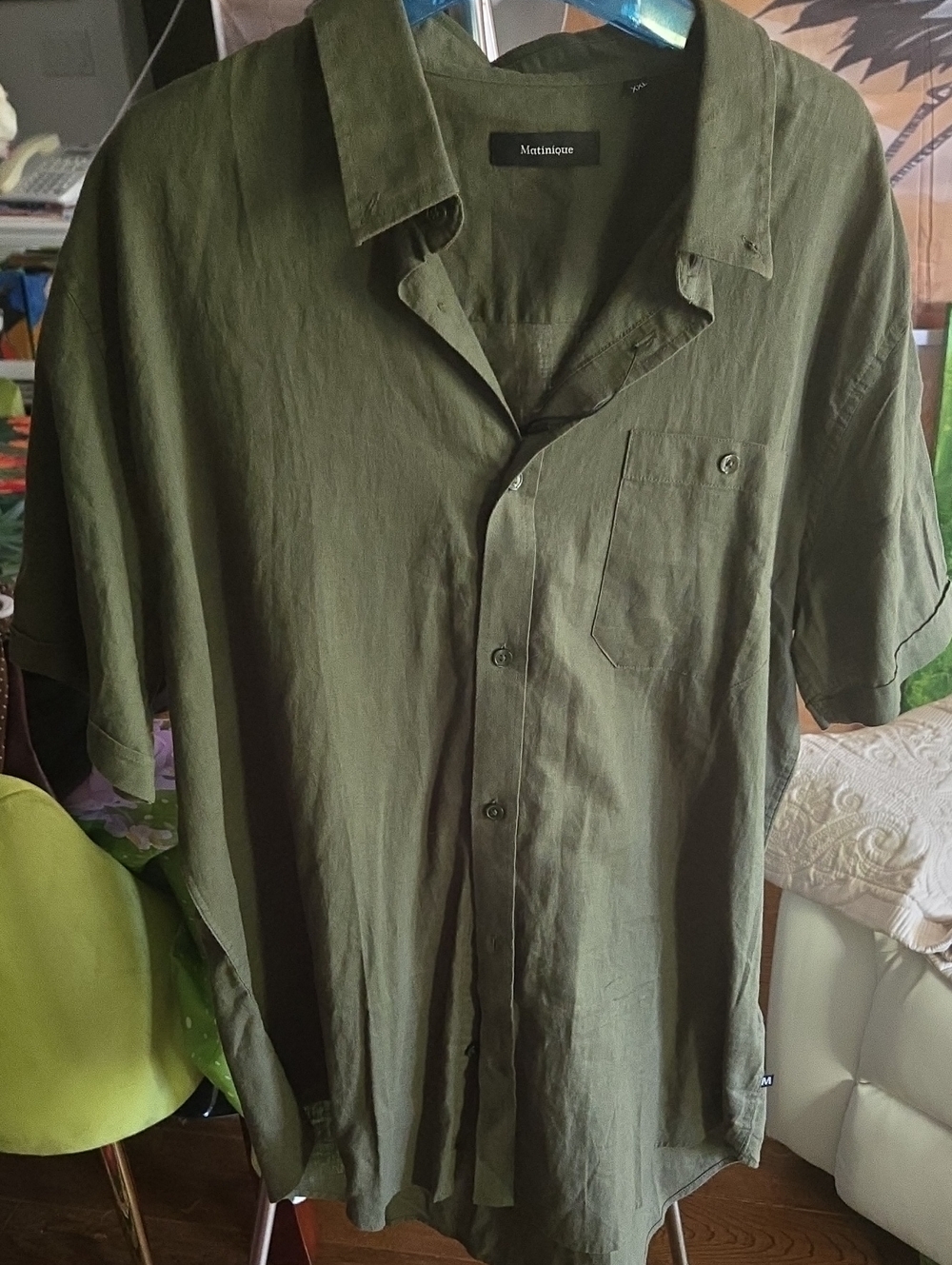 Olive Green Linen Short Sleeve Shirt